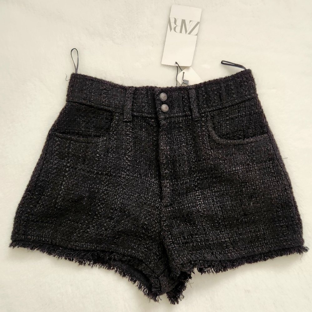 NEW Zara Womens Black Tweed Textured High Waisted Cut Off Shorts XS
